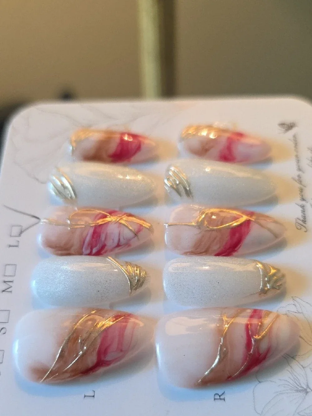 Hand-Painted Pink Marble & Gold Accent Press-On Nails Size Large